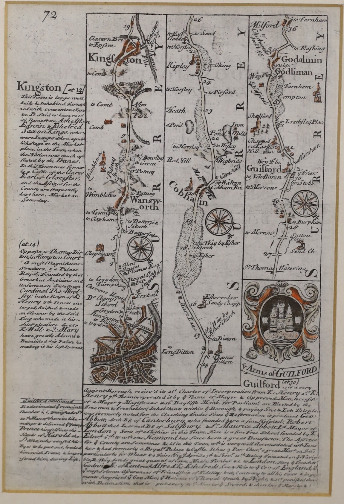 John Owen, coloured engraving, The Road from London to Portsmouth, 1764 edition, 18 x 12cm